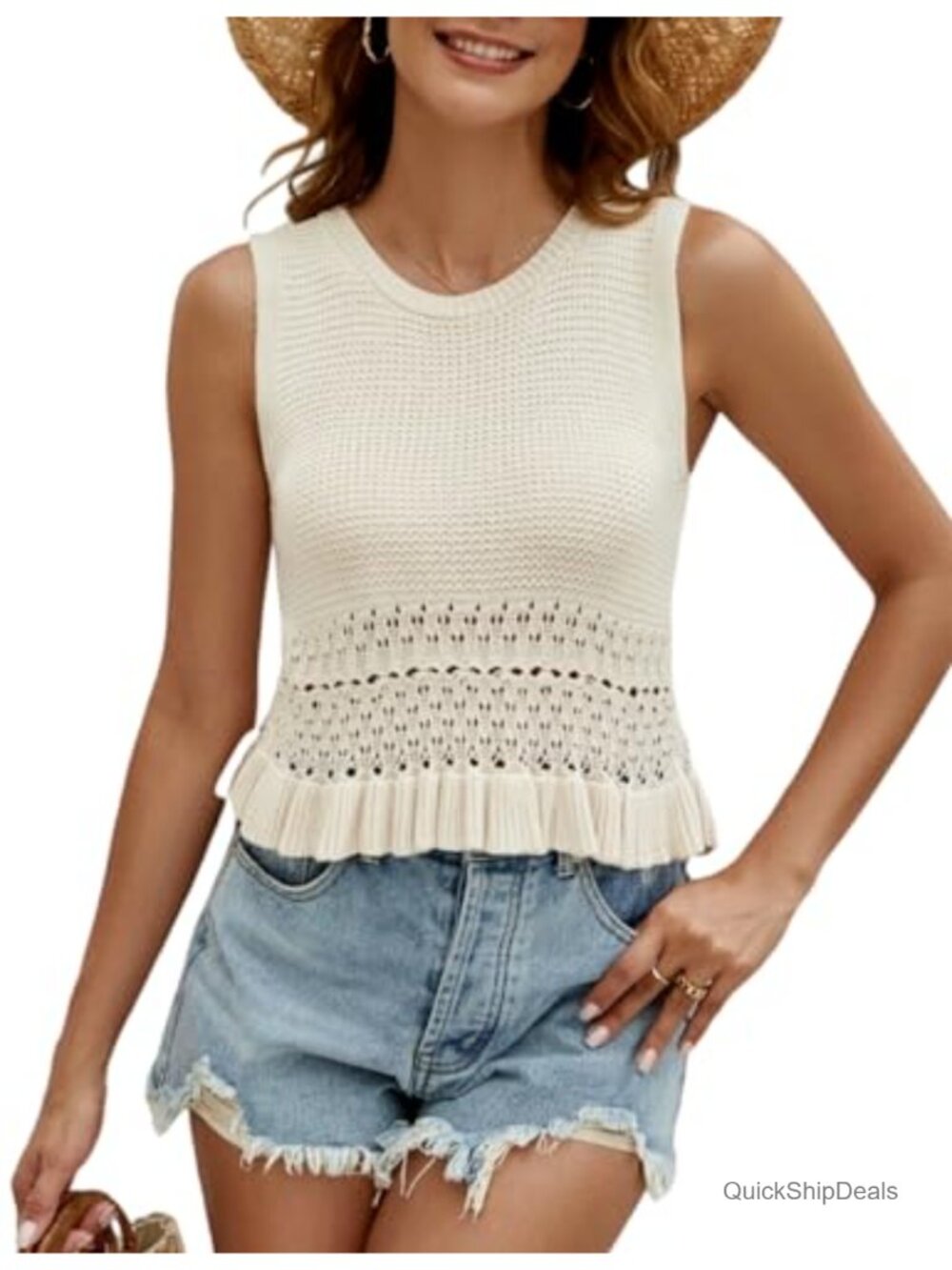 Crochet Crop Tank Top Sleeveless Knit Sweater Vest Ruffle Hem Summer